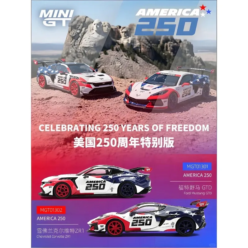 In Stock MINI GT 1:64 Ford Mustang GTD Americas 250th Anniversary US Special Edition Left Peptide Alloy Die Cast Car Model