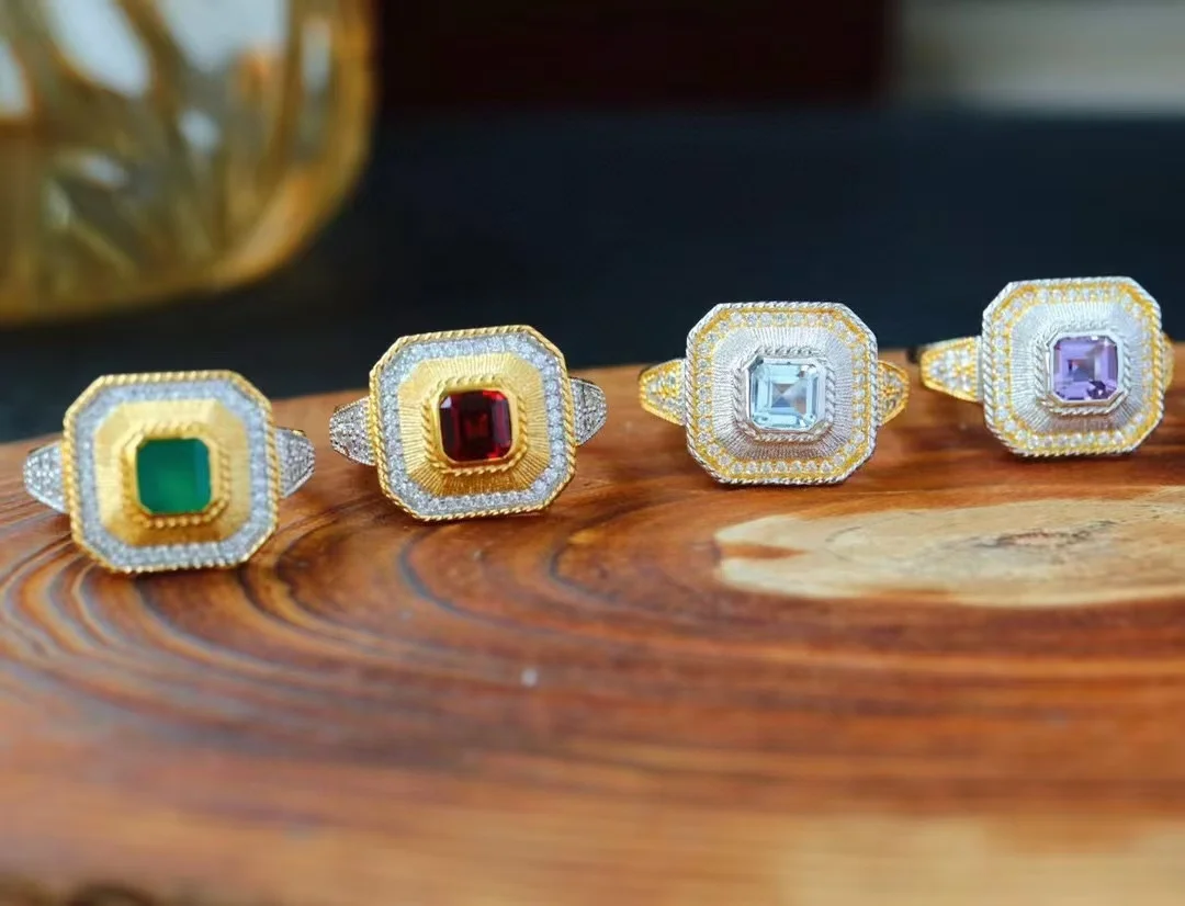 

Certificated Byzantium Original 925 Silver Natural Gemstone Cushion Rings Real Amethyst/Topaz/Garnet Chunky Finger Band Jewelry