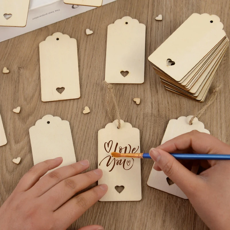 Etiqueta de madera en blanco sin terminar, colgante rectangular Natural con corazón, marcapáginas artesanal para decoración de fiesta de boda,