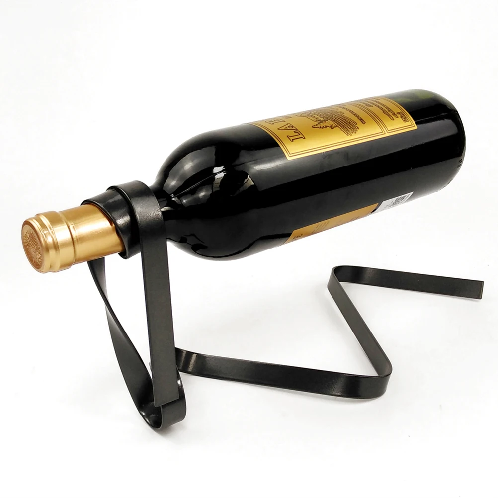 1개 와인 랙 철제 리본 서스펜션 밸런스 플로팅 와인 병 홀더 장식용 테이블 디스플레이 블랙 홈 바 웨딩용