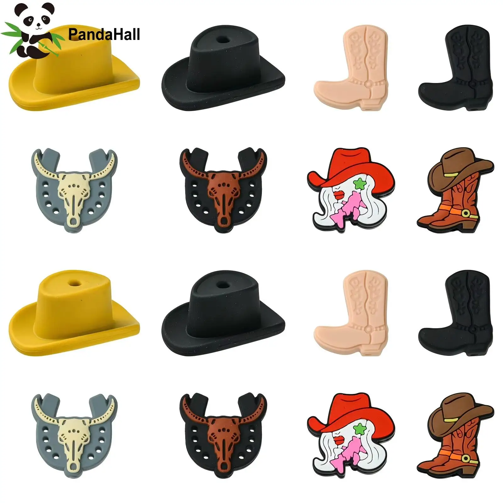PandaHall 16Pcs 8 Styles Western Silicone Beads Cowboy Hat Boot Beads Characters Silicone Beads for Bracelet Necklace  Crafts