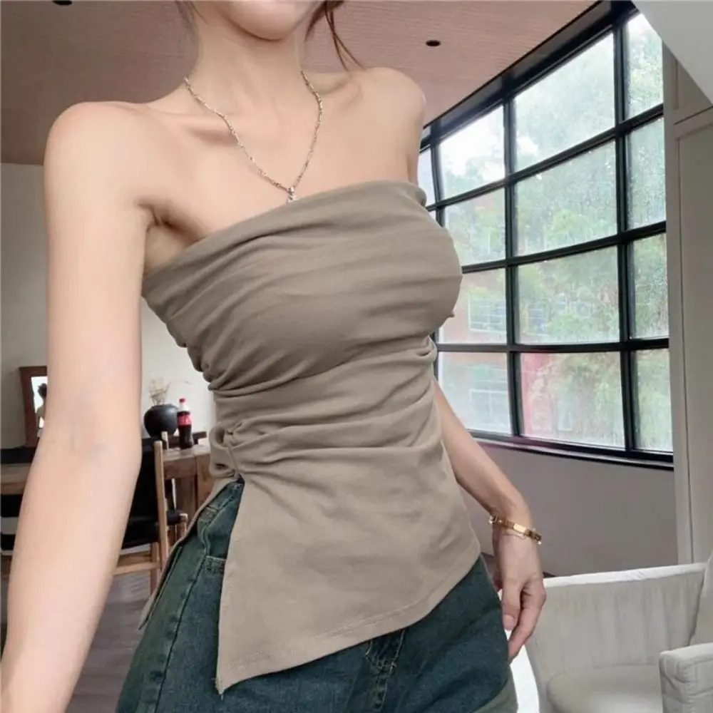 

Trendy Strapless Bandeau Tube Top Side Slit Hem Sexy Sleeveless Vest Asymmetrical Bandeau Top Women