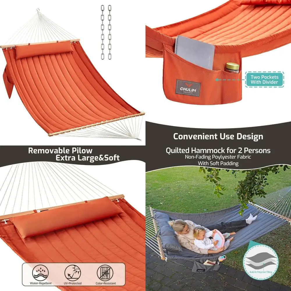 Rede grande para pátio externo para duas pessoas com tecido acolchoado duplo e barras espalhadoras de madeira dura, capacidade de 450 lb, pillo confortável