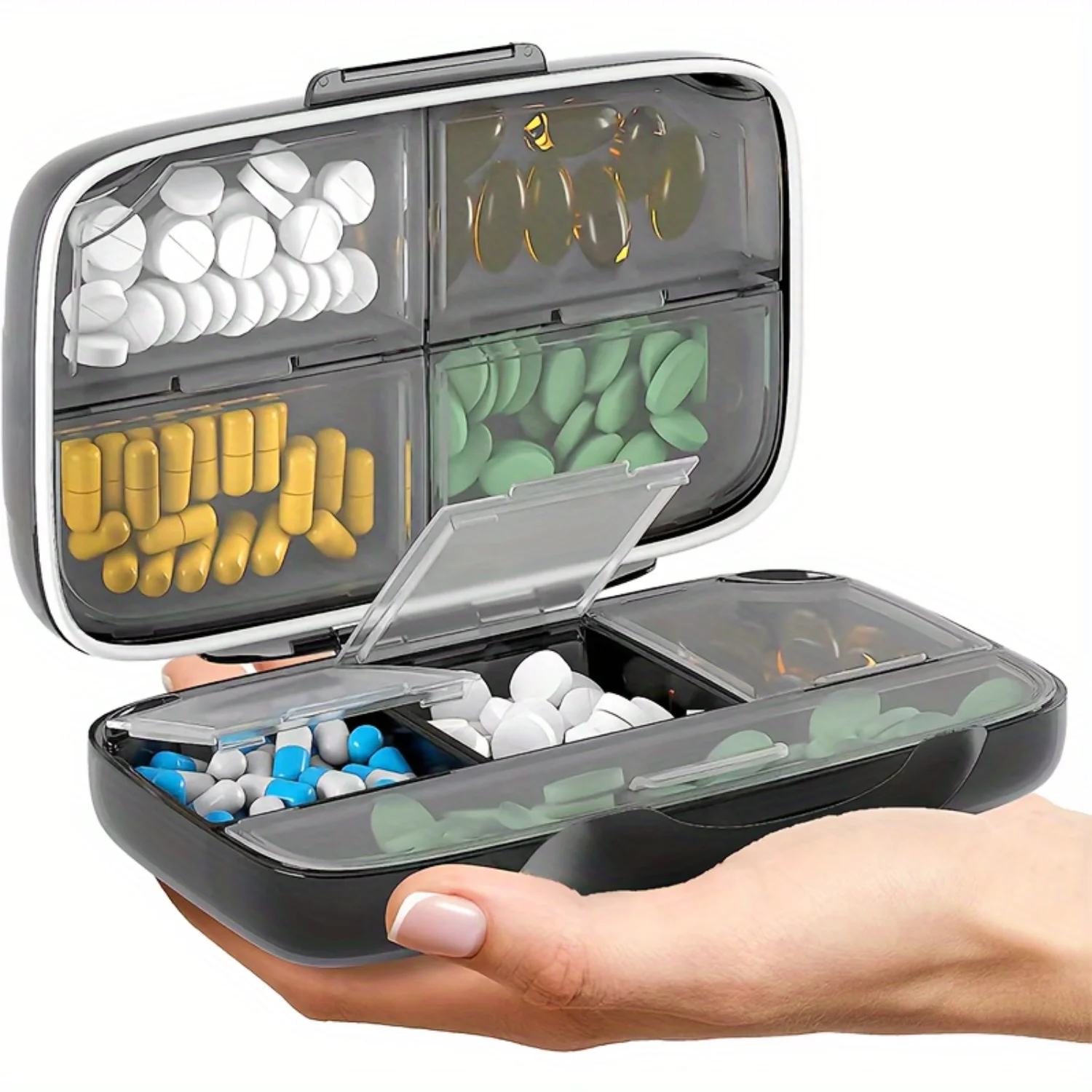 

"Multi-Use" Compact 8-Compartment Portable Medicine Organizer - Waterproof, Freestanding Travel Pill Dispenser For Vitamins, Sup