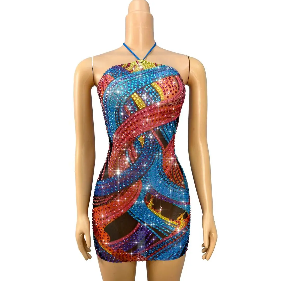 Caiqi Luxury Multicolor Twisted Stripe Crystal Rhinestone Mesh Short Dress Halter Neck Tight Fit Nightclub Rave Outfit