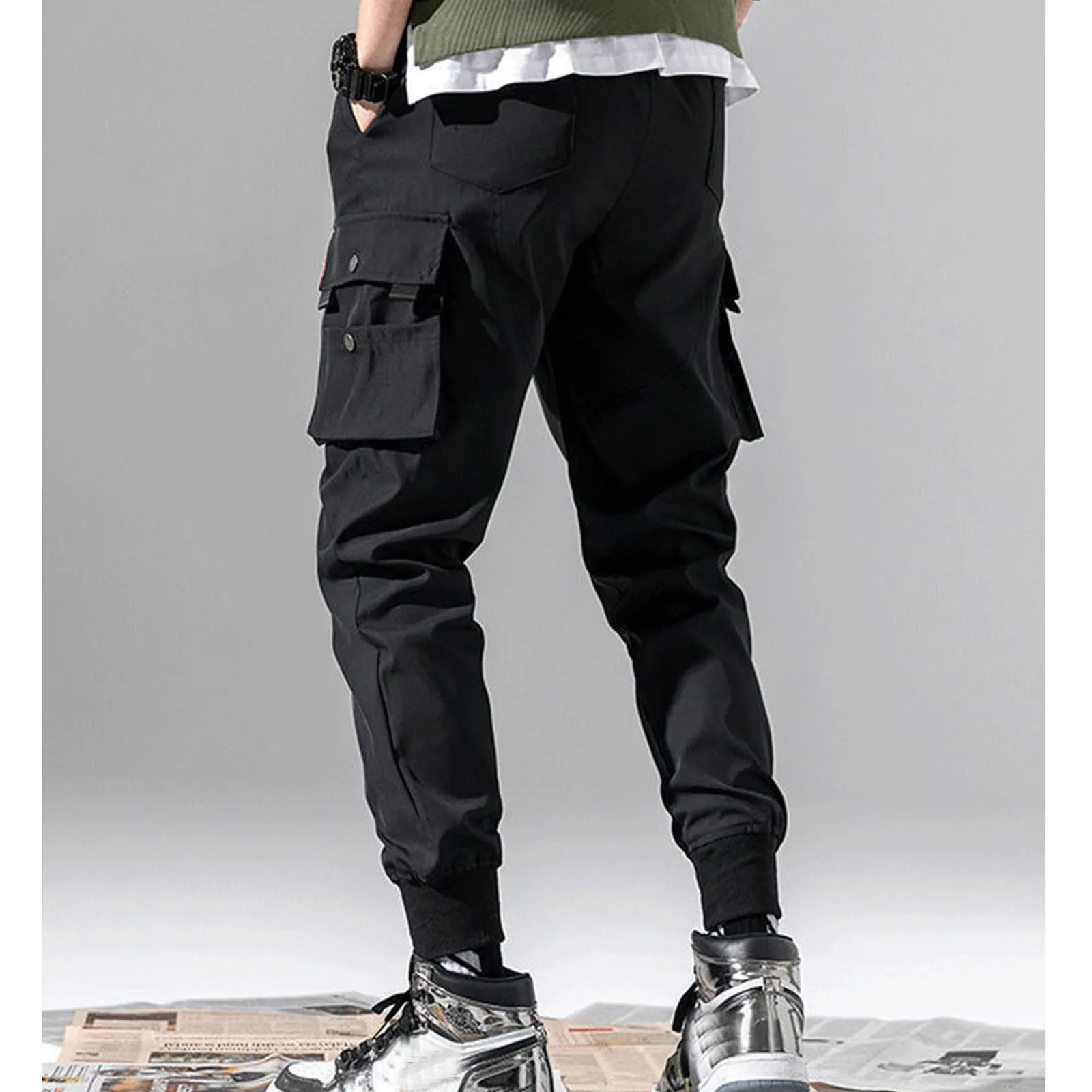 Heren Tactische Cargo Pant Harajuku Effen Kleur Losse Sweatpant Met Zakken Militaire Sportbroek Grote Maat Japanse Broek