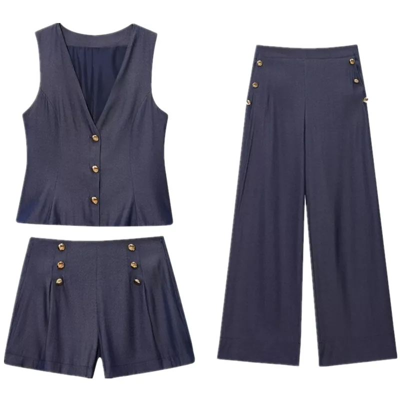 New Summer 2025 Women's Faion Linen Vest Tank Top Long Pants Tee Piece Set V Ne Svel Button up European Sle