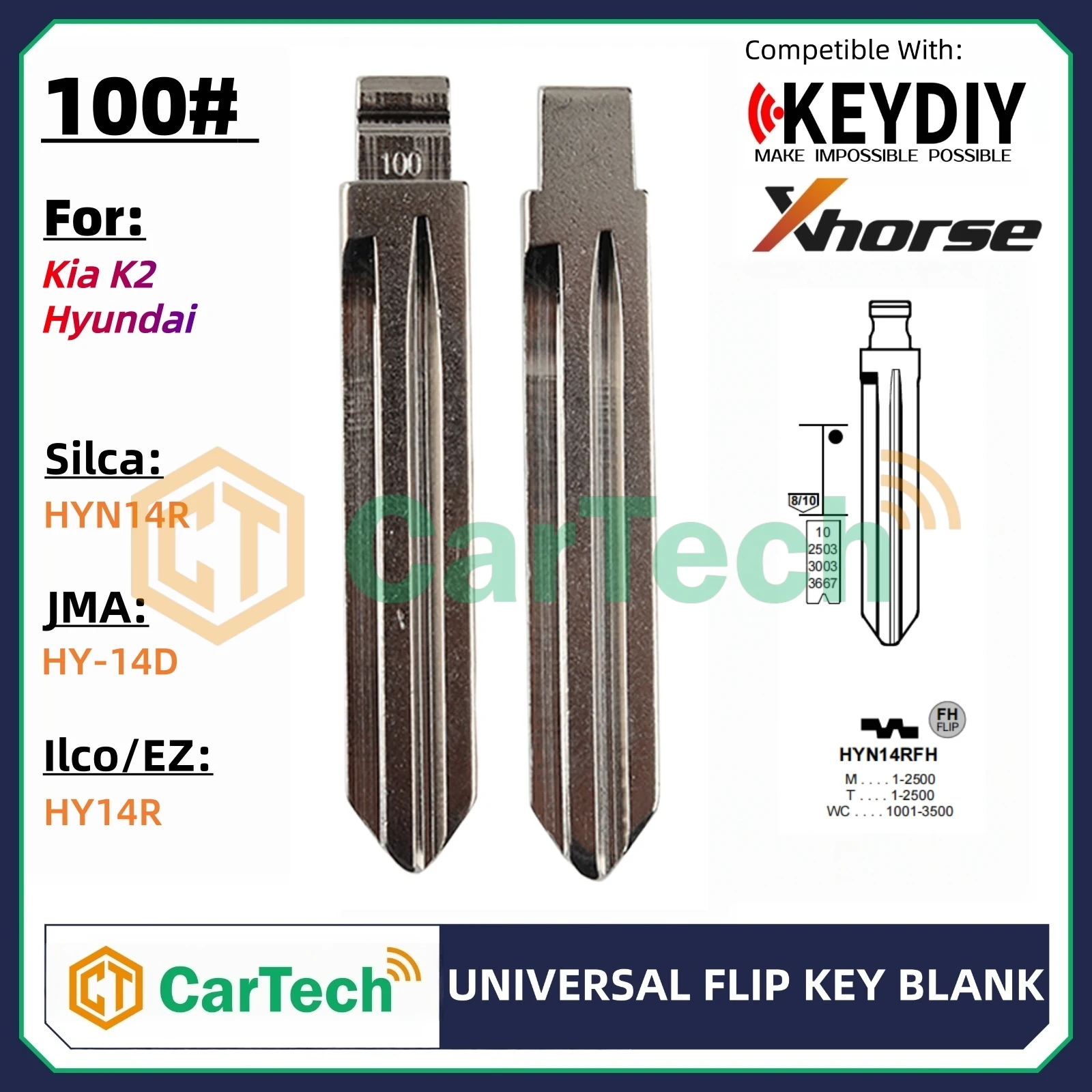 Cartech 100# Uncut Flip Blank Key Blade for KEYDIY KD XHORSE VVDI Universal Remote Fit Kia K2 Hyundai
