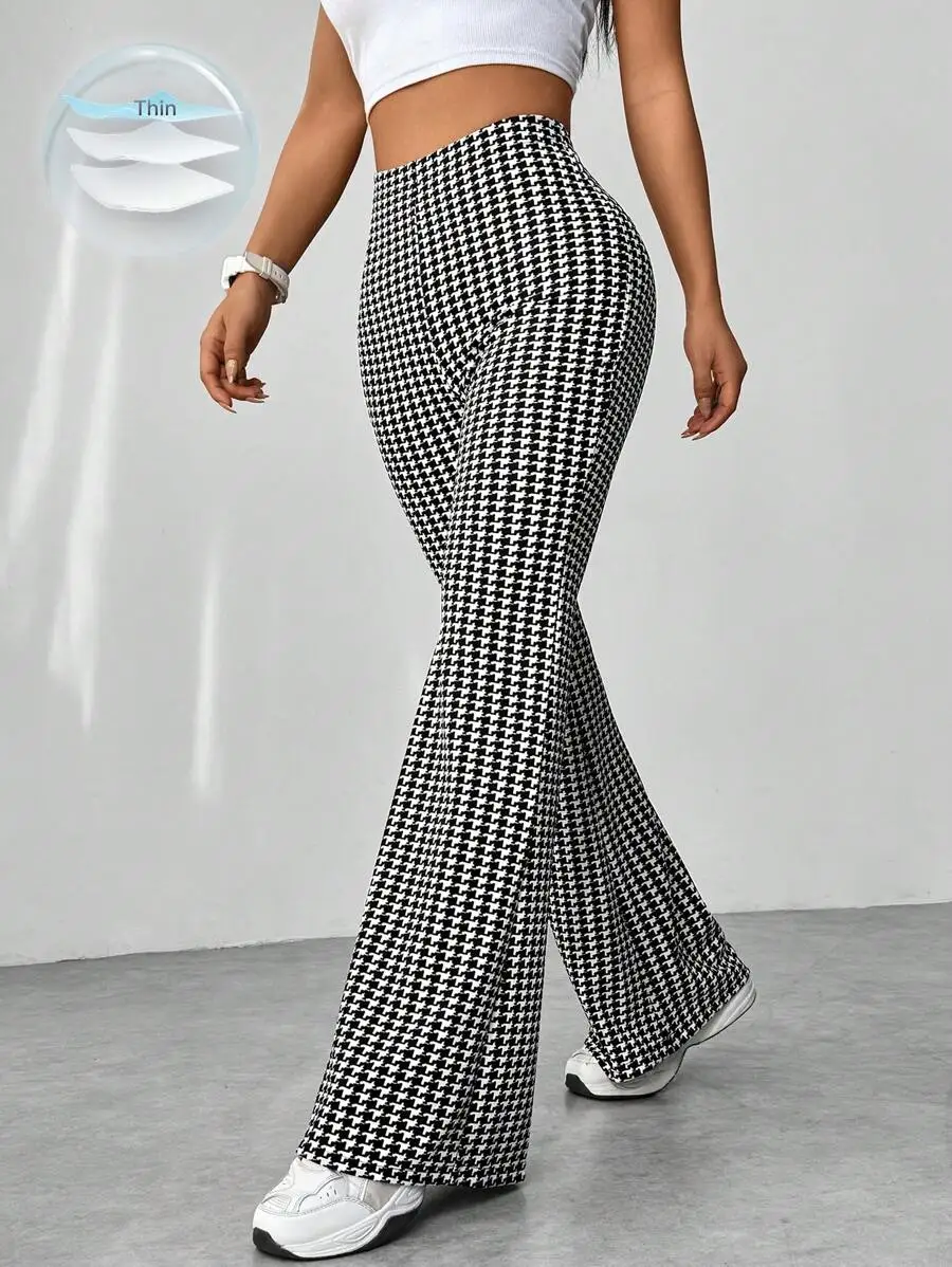 

Black and White Houndstooth Textured Flare Pants for Women, High-Waisted Wide Leg Trousers