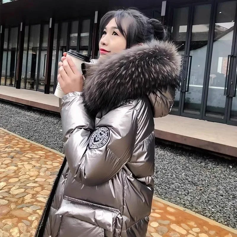 

Thickened High-end Glossy Leave-in Down Jacket Women's Loose Fashion Winter New Big Fur Collar Medium Long Coat Simple Casual