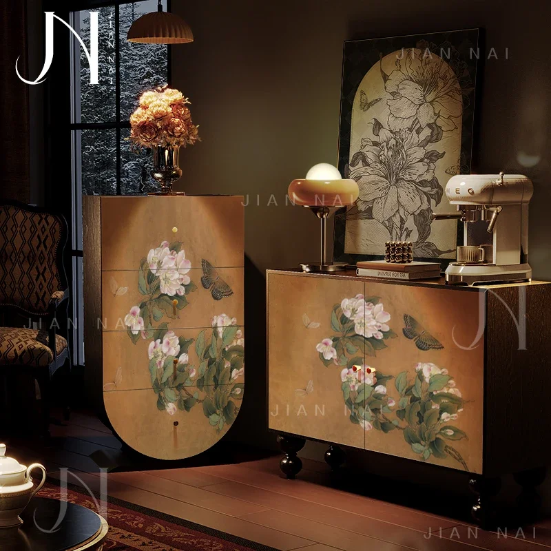 TAO French medieval solid wood four-chest cabinet lotus blossom living room entrance sofa locker bedroom drawer