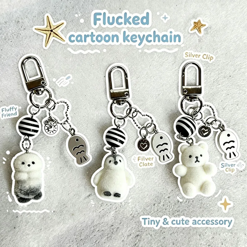 New Flocking Cartoon Keychain Cute Penguin Seal Polar Bear Pendant Car Key Holder Keychains Bag Decoration Keyring YSL54