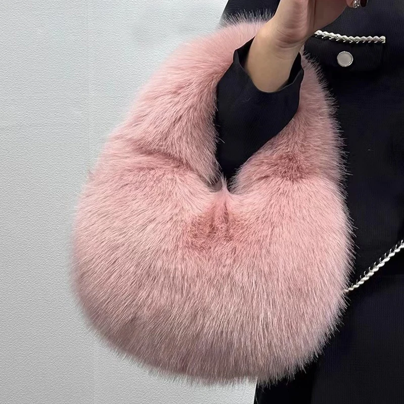 Fashion Soft Plush Half Moon Bags for Women Designer Fluffy Faux Fur Lady Handbags Luxury Small Tote Female Winter Purses