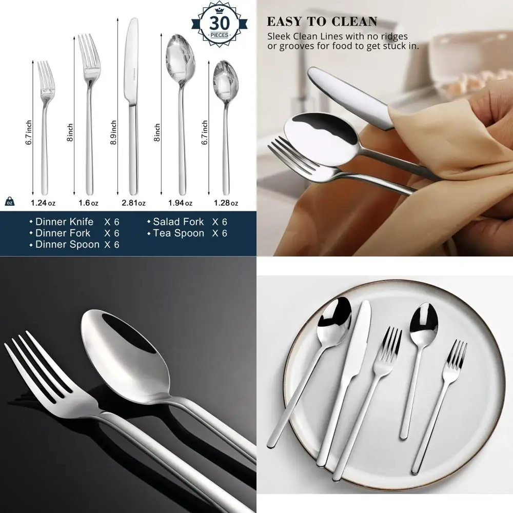 

6-Person 18/10 Stainless Steel Flatware Set with Minimalist Design, Dishwasher Safe