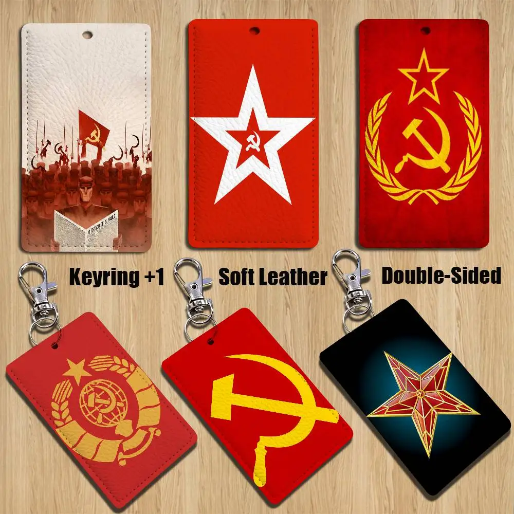 

Art Soviet USSR CCCP Logo Rectangle ID Card Case Keychain Access Card Bag Key Tag Ring Leather Card Holder Key Ring Access