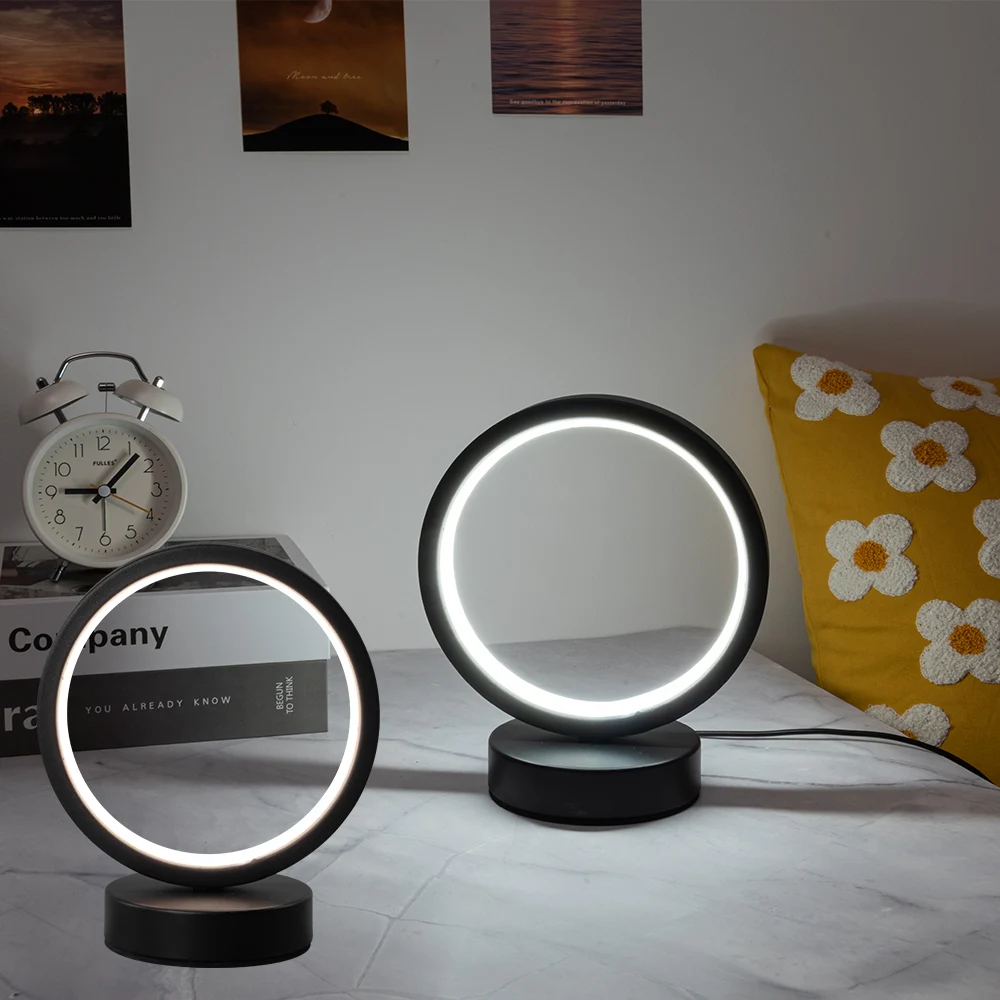 Nordic Style LED Table Lamp 5VUSB Plug Three Tone Light Circular Atmosphere Wrought Iron Design for Bedroom Study