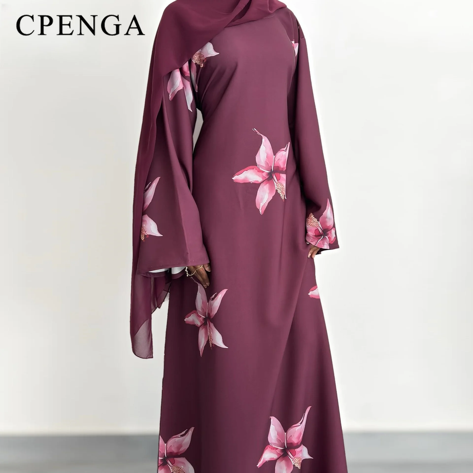 

Ramadan Middle Eastern Muslim Modest Abaya Eid Women Elegant Long Sleeve Floral Print Dress Islam Holiday Turkey Kaftan Outfit