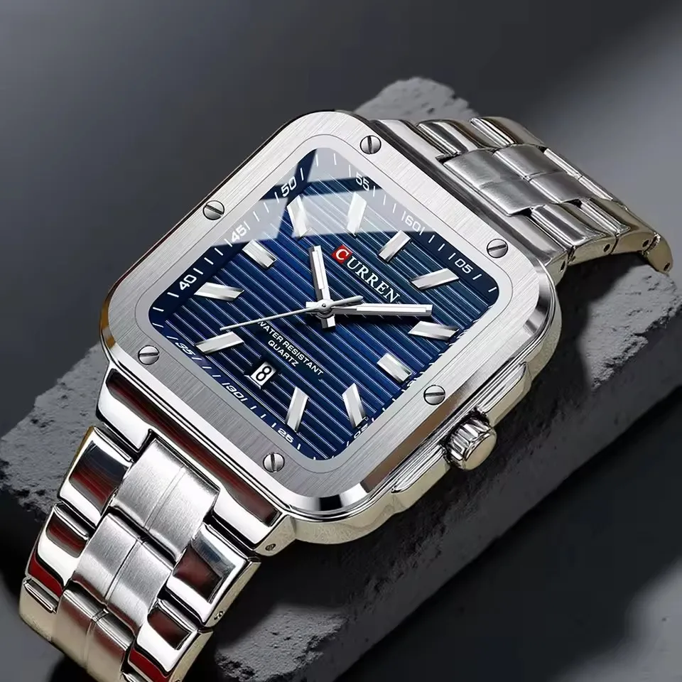 CURREN 8479 Orologio al quarzo da uomo di moda di marca Elegante quadrante quadrato Calendario Cinturino in acciaio impermeabile Orologi casual da lavoro per uomo