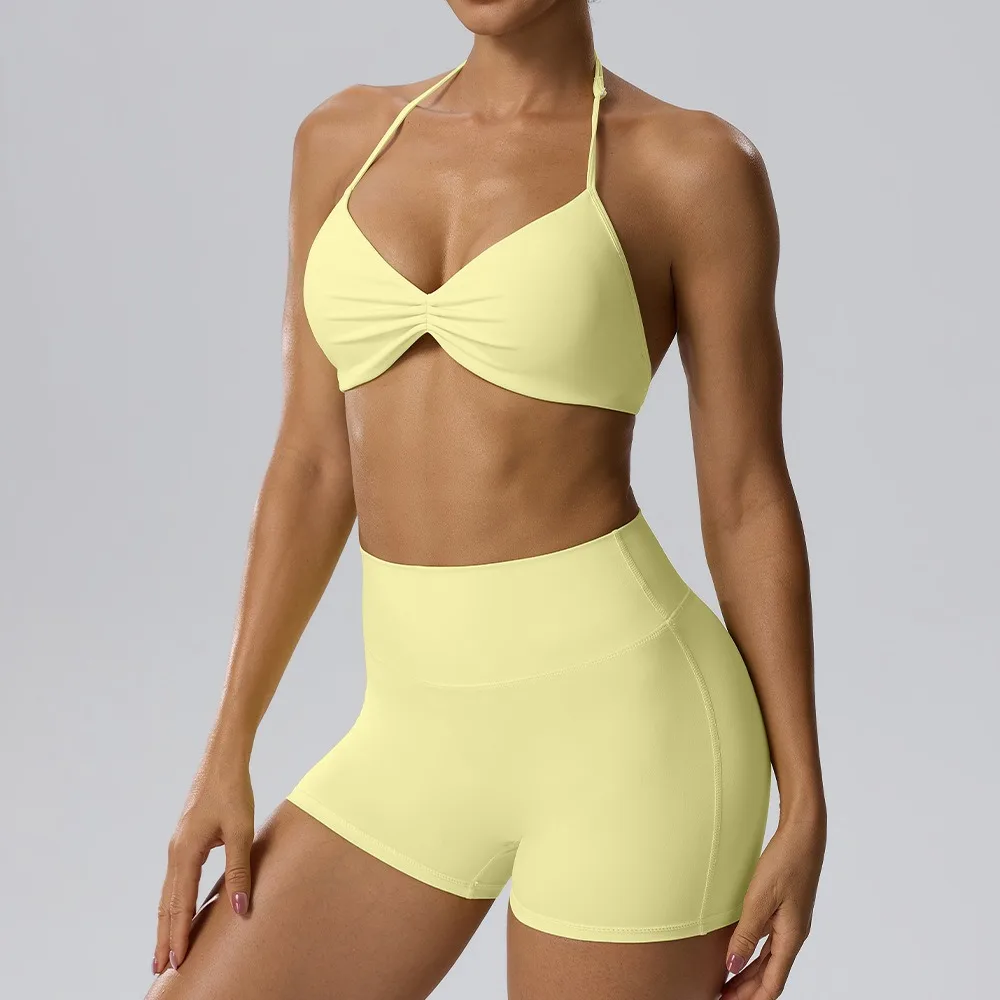 Damen Halter Sport-Yoga-Set Gepolsterter Binde-BH Verstellbarer Rückenausschnitt Dünner Träger-Top Hüftliftende Shorts Fitness-Trainingsanzug