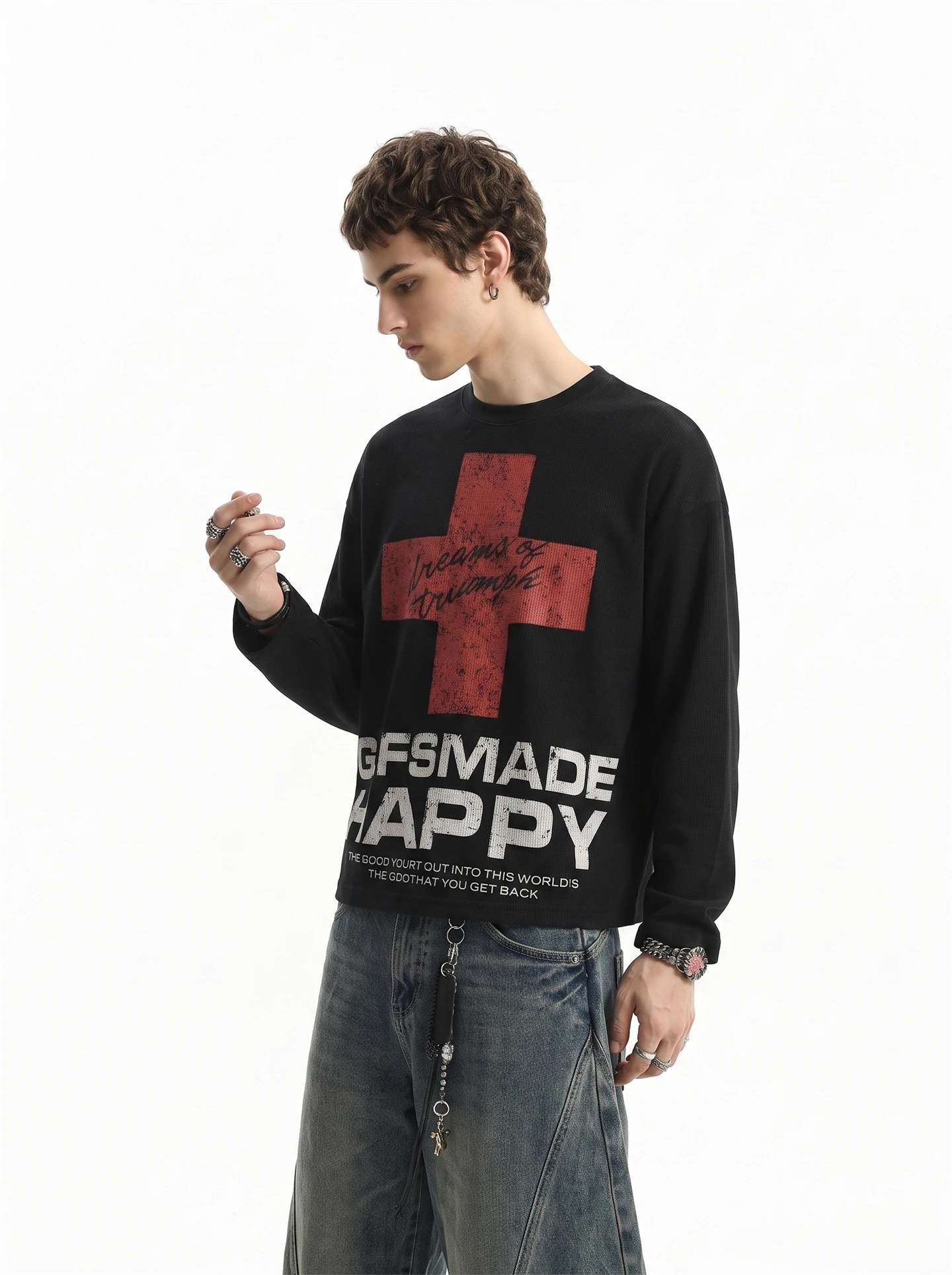 American Style Cross Print Long Sleeve T-Shirt Men's Vintage Loose Fit Casual Shirt Youth Popular round Neck Home Comfort