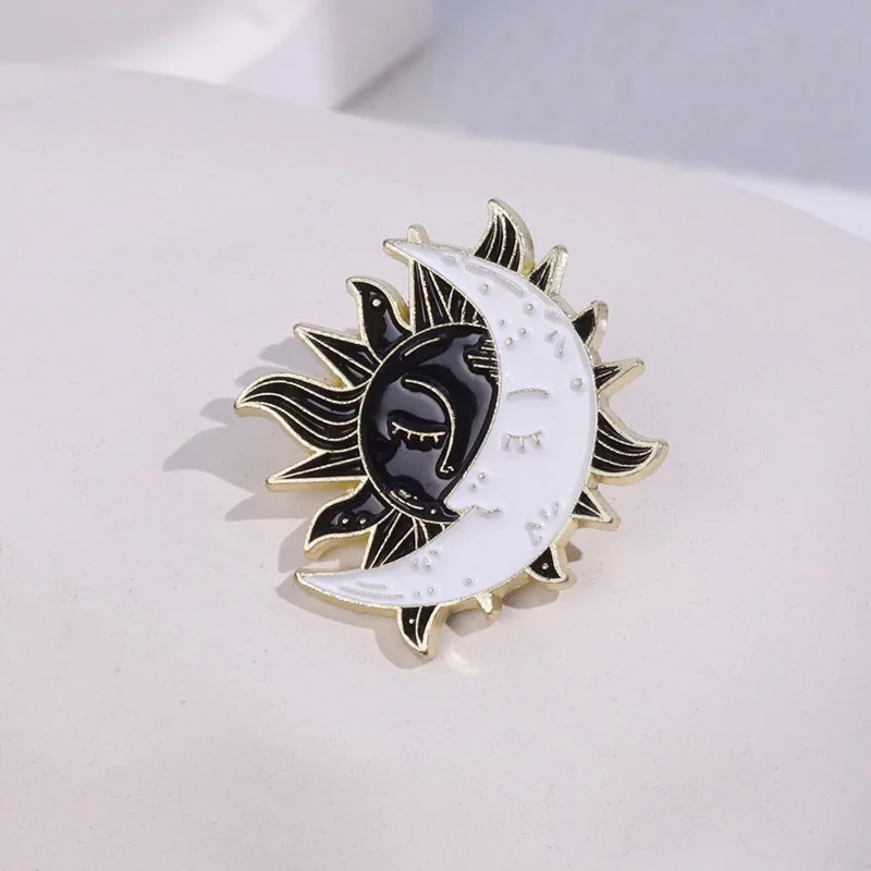 Sun And Moon Enamel Pins Custom Black White Brooches Lapel Badges Punk Lovers Jewelry Gift for Friends