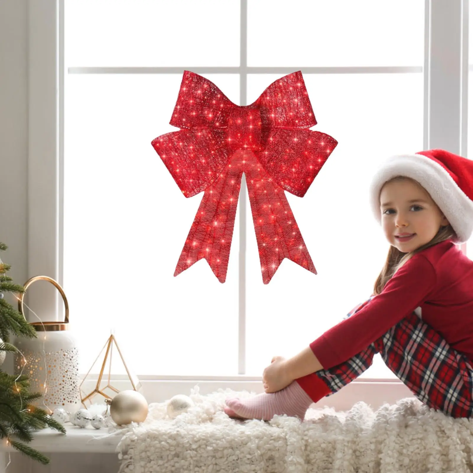 Weihnachten beleuchtete rote Schleife Weihnachtsbaum und Kranz hängender Anhänger für Neujahr Kamin Tischdekoration