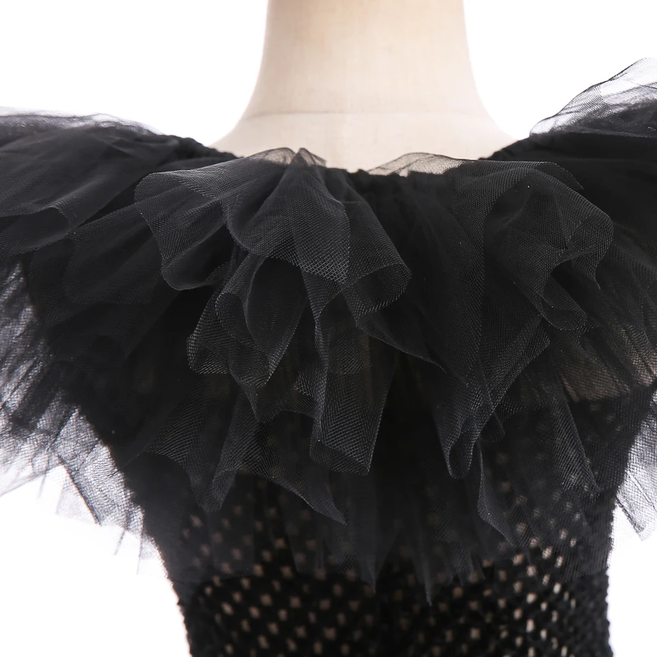 Schwarzes Hexen-Prinzessinnenkleid für Kinder, Tüll-Tutu mit Rüschen, Böse-Königin-Cosplay-Kostüm, Maleficent-Halloween-Geburtstagskleid für Mädchen – Detail 6
