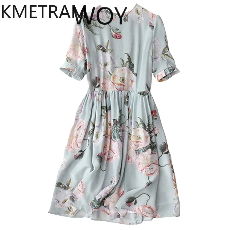 

KMETRAM High-end Mulberry Silk Waist Dress for Women 2024 Slim Skirt Summer French Style Dresses Printing Women's Clothing New