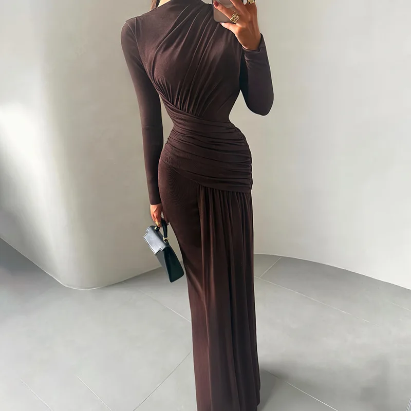 

Round Neck Pleated Women Prom Dress Long Sleeve Sheath Slim Evening Gown Brown Pink High Waist Evening Skirt New Design In Stock