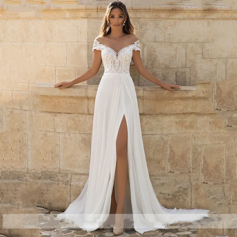 

Customized ZJ6010 2025 New Off Shoulder V Neck Court Train Bridal Gown Lace A Line Wedding Dress