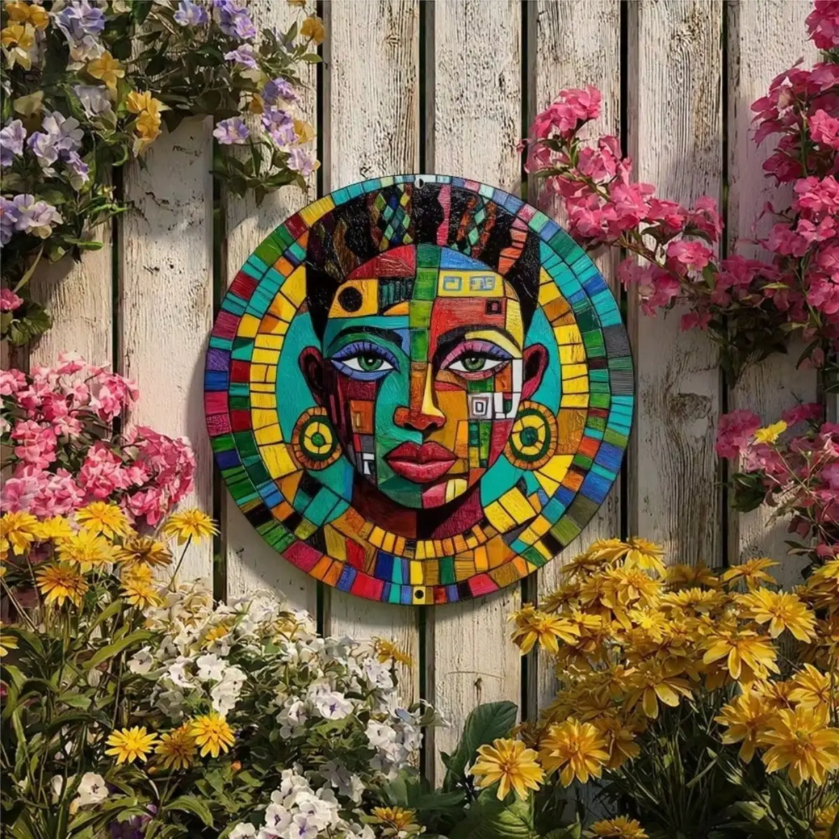 Mosaic African Wall Art Decor - 8x8 Inch Round Rust-Proof Aluminum Sign for Home Holiday Gifts