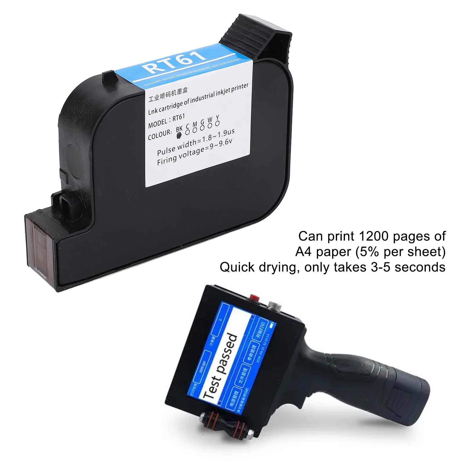 RT61 12.7mm Ink Cartridge 42ML Black Quick Dry Ink Cartridge for SC12 SC12T CP12 CP12W SC12KJ Handheld Inkjet Printer