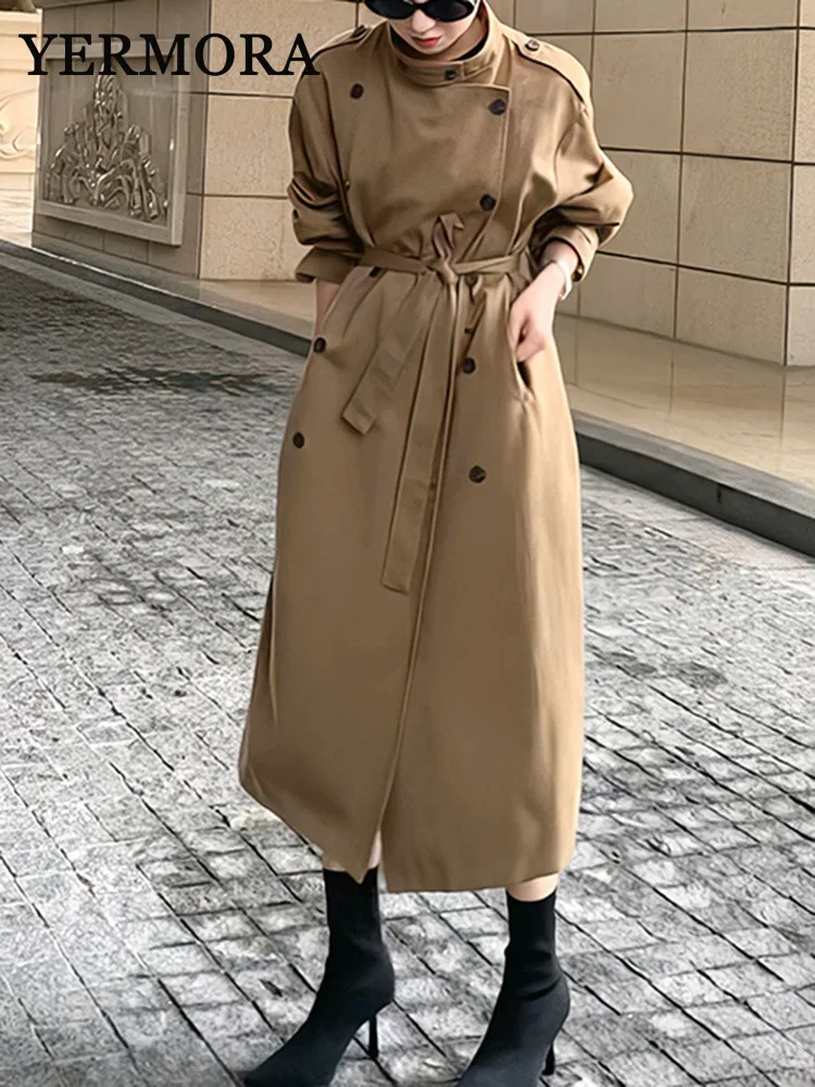 YERMORA Khaki Belted Temperament Trench For Women Stand Collar Long Sleeve Fashion Tide Windbreaker Spring Autumn 2024 New A26