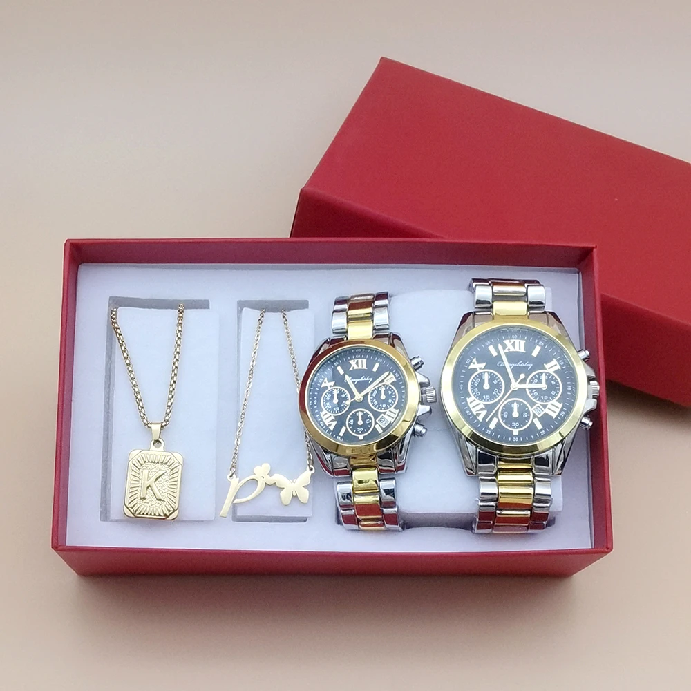 Conjunto de reloj de pareja para hombre, reloj de acero de cuarzo para amantes, reloj de pulsera de lujo para mujer, reloj femenino con pulsera Nesklace, regalos de 4 Uds.