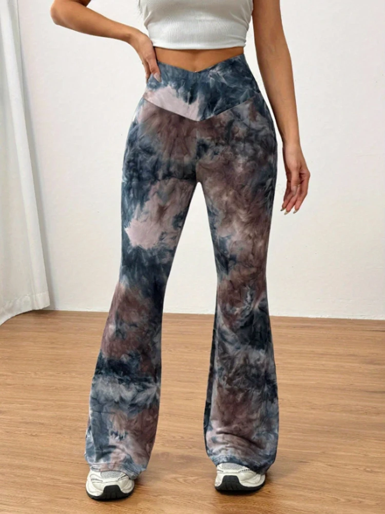 Women's Casual Slim Fit Pants Spring And Summer New Popular Printed Color Blocked High Waisted Women's Fashionable Flared Pants