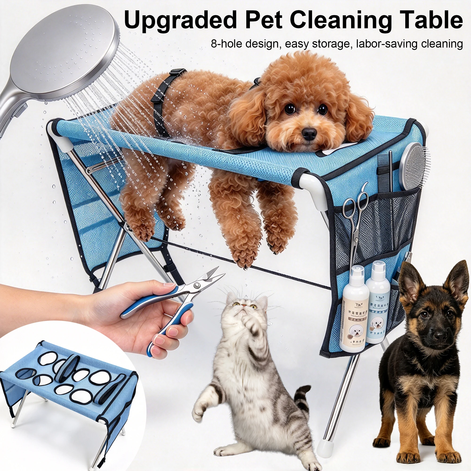 Upgraded 8-Hole Foldable Pet Grooming Table, Breathable Mesh Bathing Station for Small Medium Dogs Cats, Portable Stainless Stee
