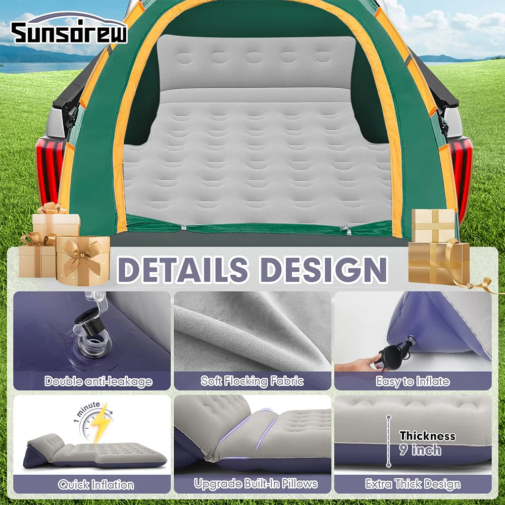 Upgrade Truck Air Bed Mattress 5.5‑6.5Ft Full Size PVC Inflatable Built‑in Adjustable Pillow for Short Truck Beds Camping