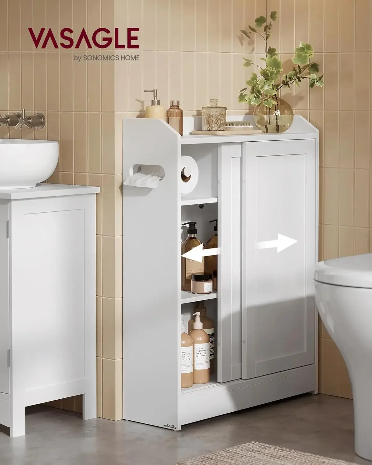 Bathroom Cabinet, Slim Bathroom Storage Cabinet, Toilet Paper Holder and Brush Compartment, Sliding Doors, Adjustable Shelves, N