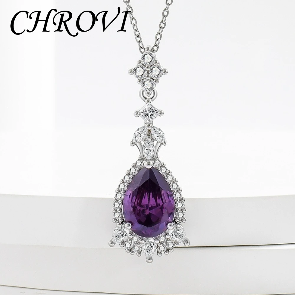 Exquisite 925 Sterling Silver Lavender Purple Sparkly Teardrop-Shaped Necklace for Women, a Stylish Pendant Choker Chain
