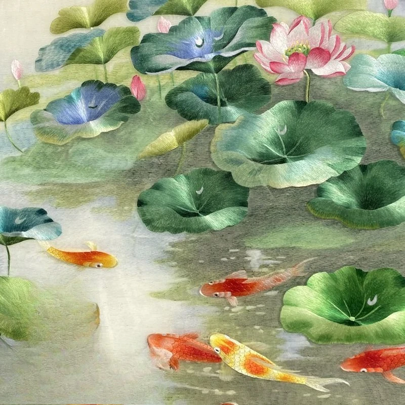 Embroidery hanging painting lotus flower fish belt frame Suzhou embroidery living room study restaurant