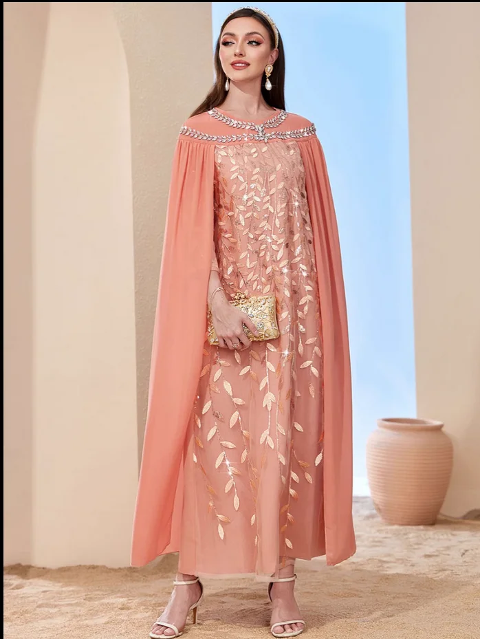 Dubai Sari for woman Orange Leaf Mesh Embroidery Fashion Cloak Fake Two Piece Dress
