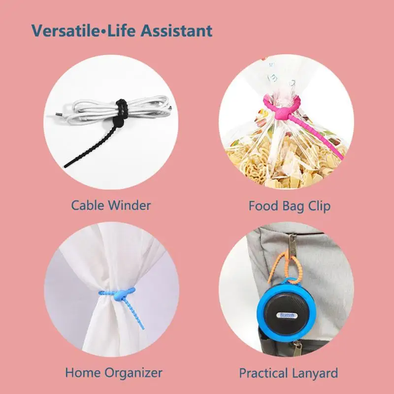 5pcs Silicone Self-Locking Wire Cable Zip Ties Multi Purpose Reusable Cable Tie Organizer Charging Cable Tie Food Bag Bundle Tie