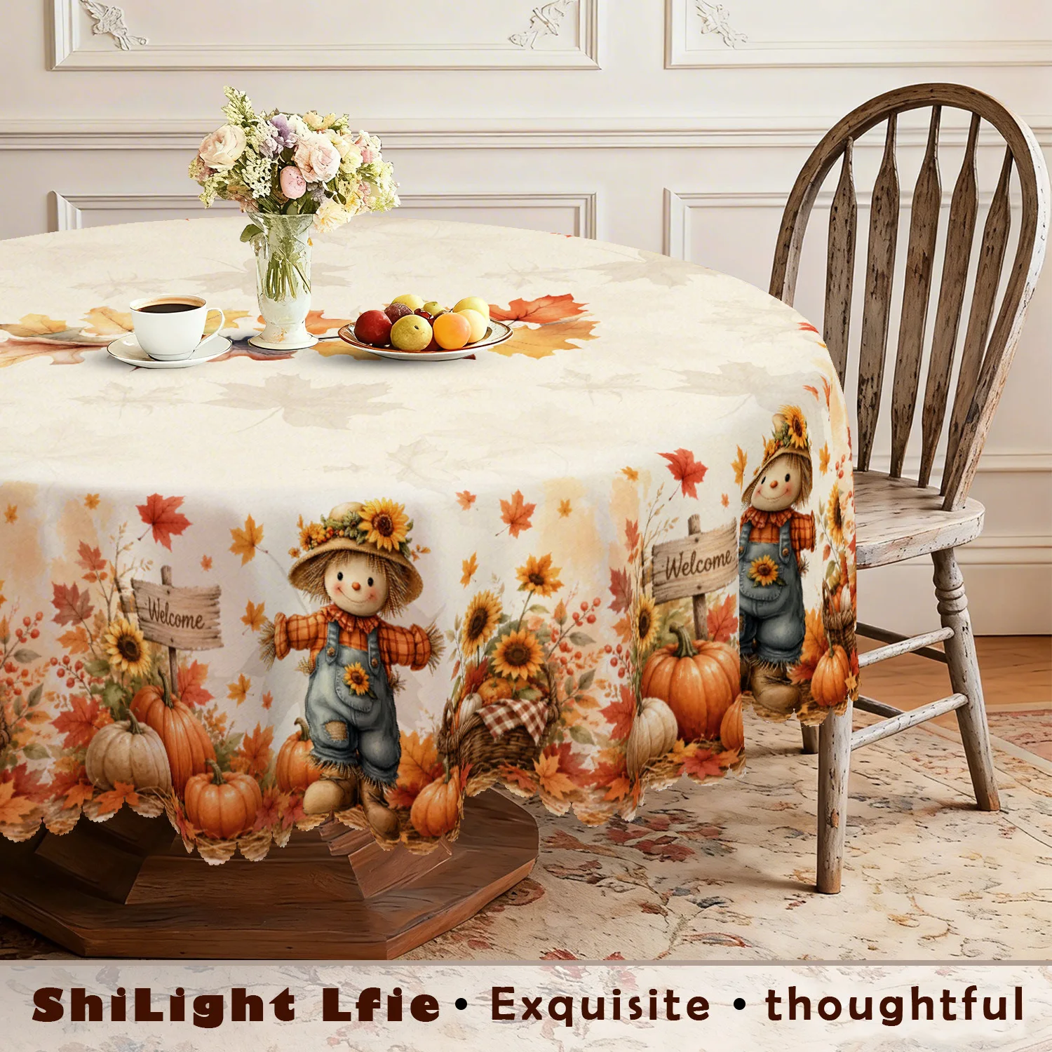 One-piece straw man tablecloth, featuring patterns of straw man, pumpkin, sunflower and maple leafzyc