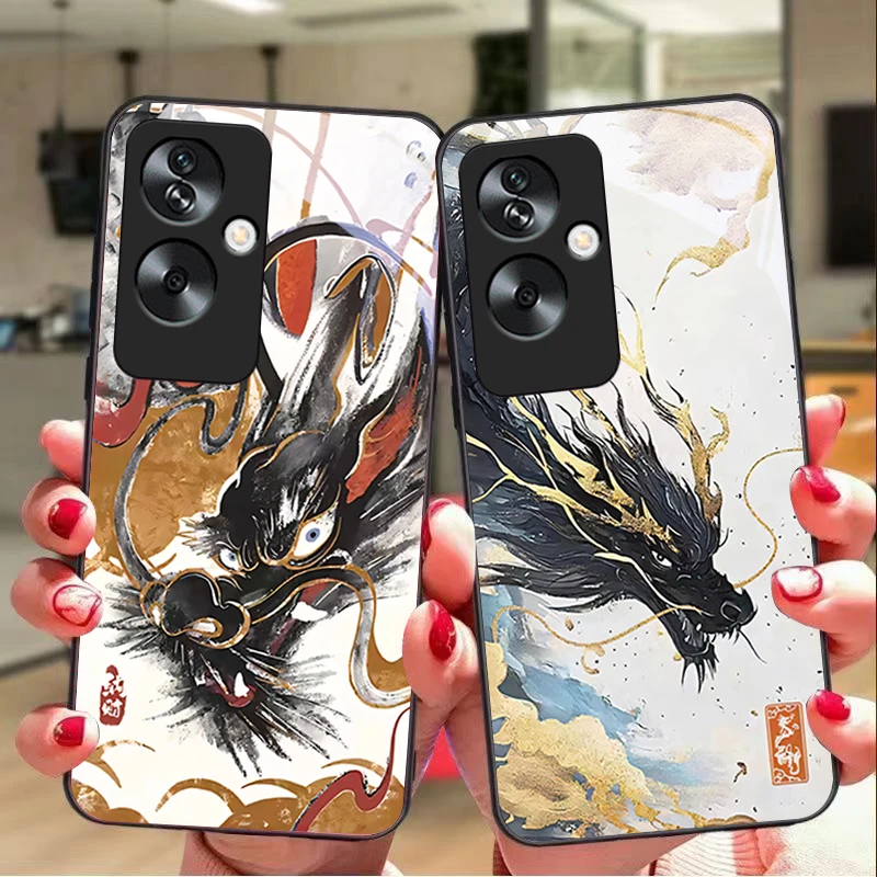 Chinese Loong Cartoon For Oppo A79 5G 58 78 74 60 4G Reno 11F Realme GT 6 11 Note 50 10 C55 X2 Tempered glass black phone case