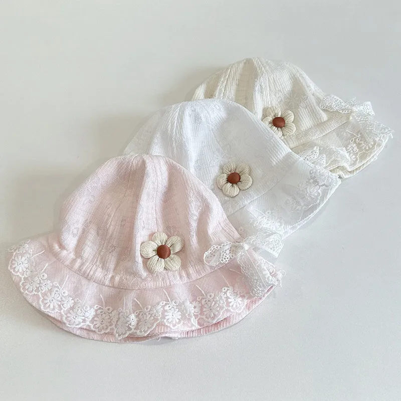 

Princess Girl Lace Basin Hat Soft Cotton Baby Sunshade Fisherman Hats 3-8Month Newborn Sunscreen Bucket Cap Sweet Flower Visors