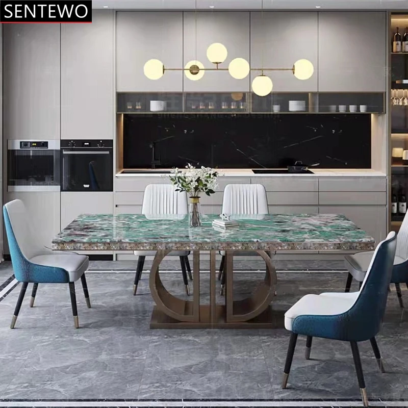 SENTEWO Ltalian Luxury  Marble Kitchen Dining Table With Chair Set Metal Titanium Glaze Gold Frame Tables Furniture Moveis Casa