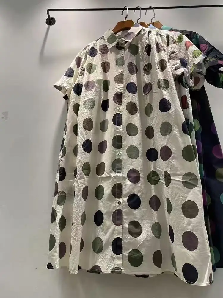 Ropa de otoño 2025, vestido con estampado de lunares de manga corta de algodón puro estilo japonés para mujer, vestido camisero largo hawaiano de verano