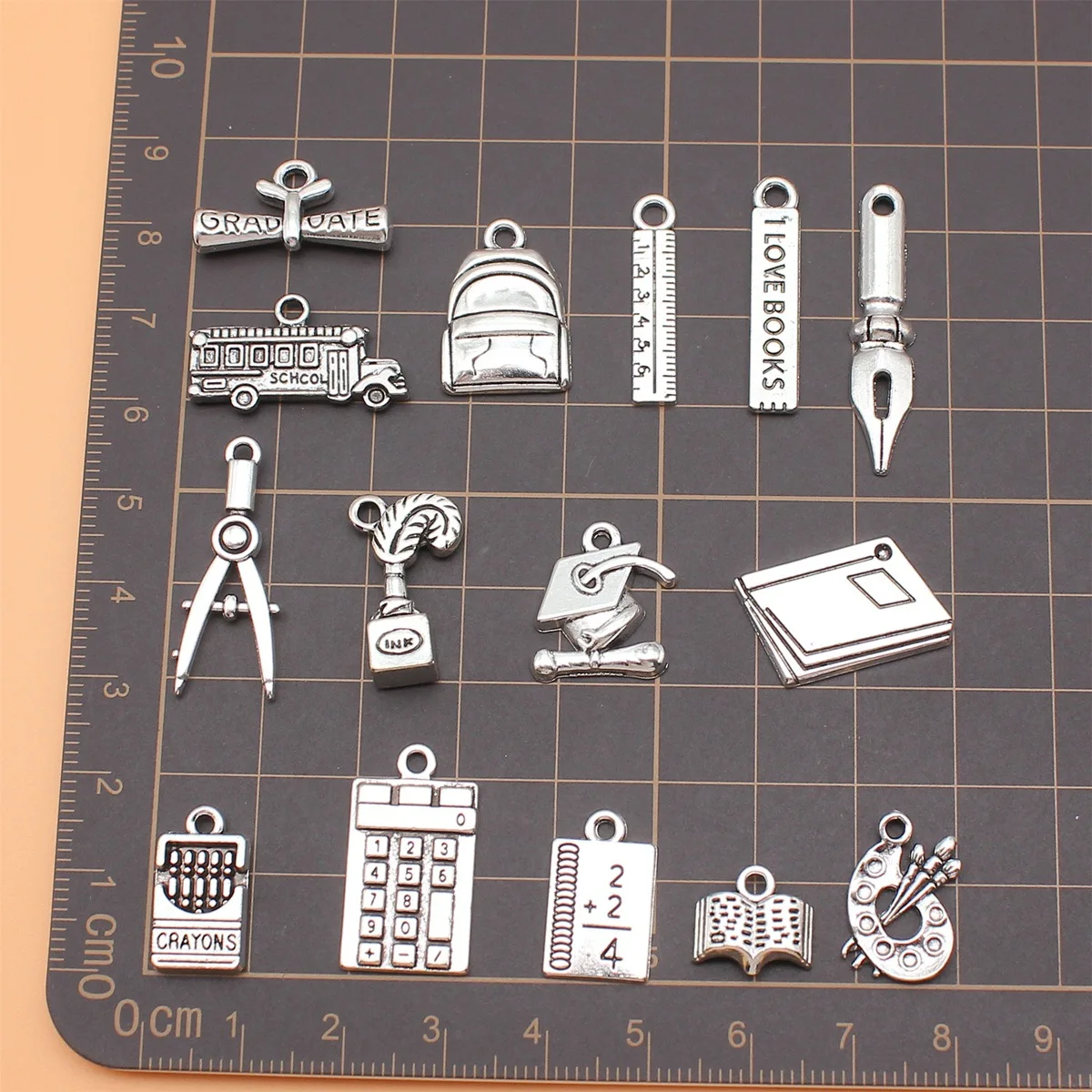 15pcs School Supplies Ruler Book Compasses Calculator Crayon Palette School Bag Charms Collection, 15 Styles, 1 of Each