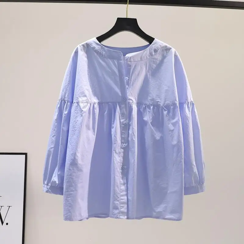 

Women Summer Simplicity Loose Refreshing Pleated Solid Color O-neck Long Sleeve Shirts Ladies Casual All-match Appear Thin Tops