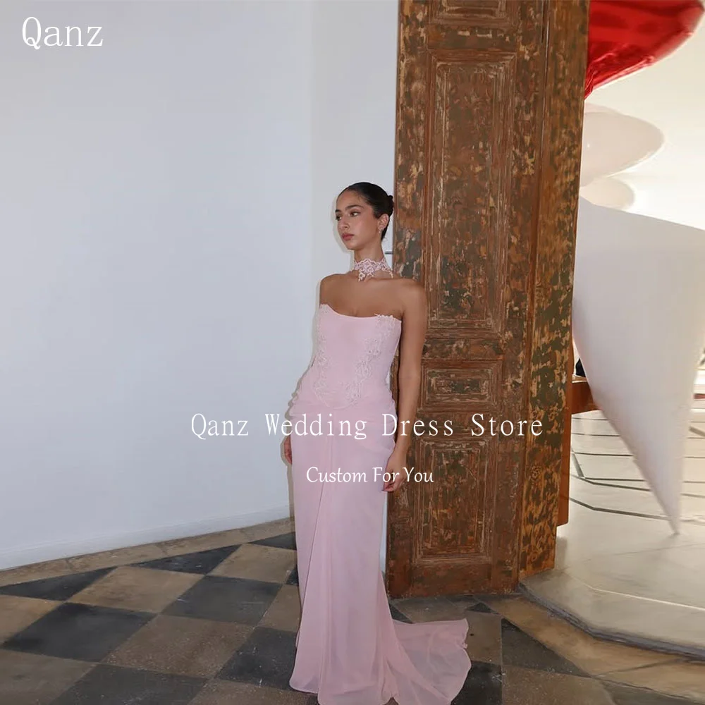 

Qanz Elegant Pink Chiffon Evening Dresses Mermaid Appliques Lace Up Back Vestido De Gala Noche Mujer Party Prom Gowns Customized